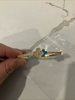 Gold Clover Bangle with Blue Enamel and Crystal Pavé